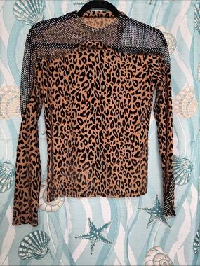 Leopard Print Long-Sleeve Top with Mesh Rhinestone Yoke - Brown